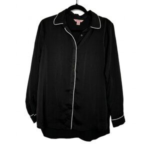 *Joe Fresh Black Satin Pajama Top White Piping Button Down Size M